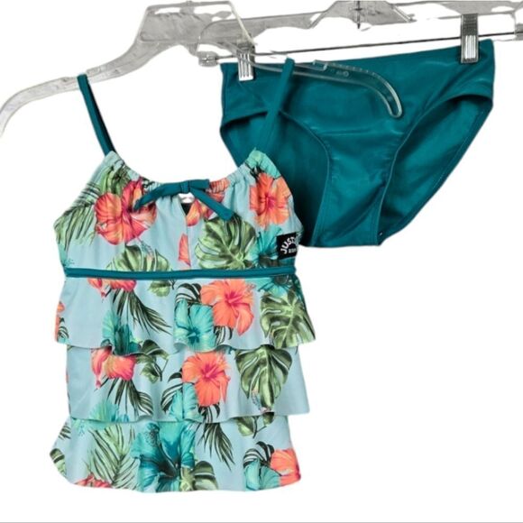 Justice Girls Teal Hibiscus Tiered Ruffle Tankini 2pc Set Swimsuit Bathing Suit - Picture 1 of 10
